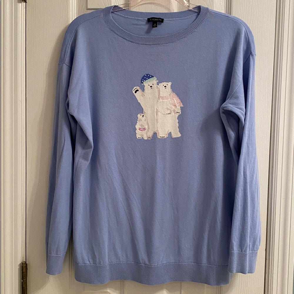 TALBOTS SIZE MEDIUM POLAR BEAR FAMILY COTTON BLEND SWEATER - Excellent Condition